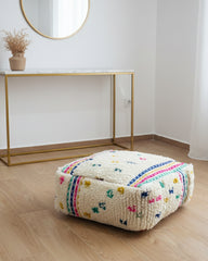 Square Moroccan Berber Adnen wool pouf with colorful stripes