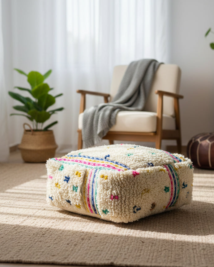 Berber Adnen pouf styled in a bright living room interior