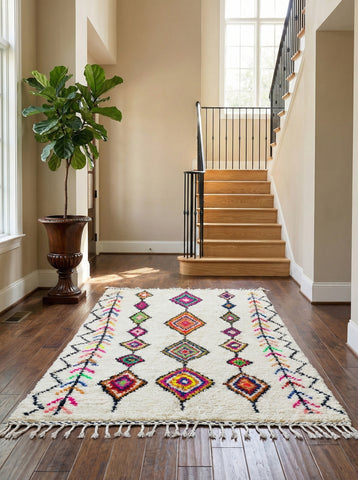 Colorful rhombus Berber rug placed in a hallway with wooden stairs.