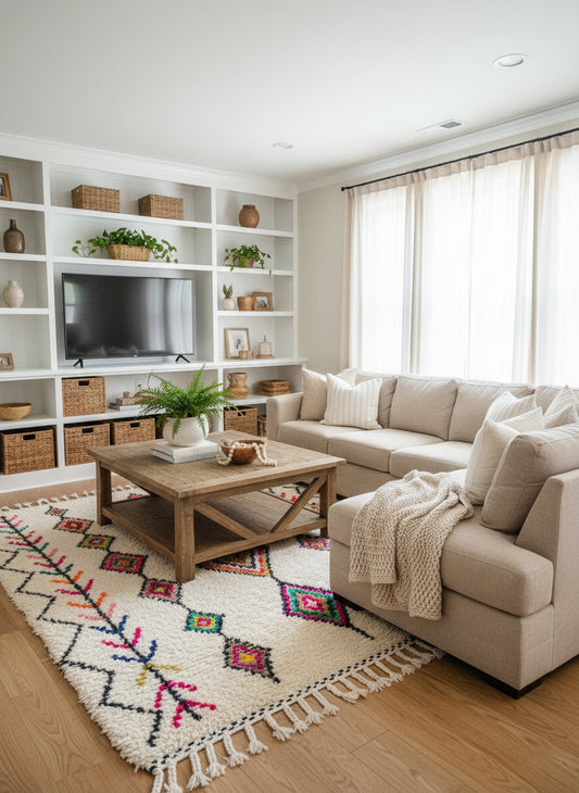 Ivory Moroccan Rmessan rug with vibrant geometric patterns styled in a cozy living room