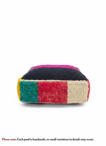 Multicolored patchwork pouf on a white background