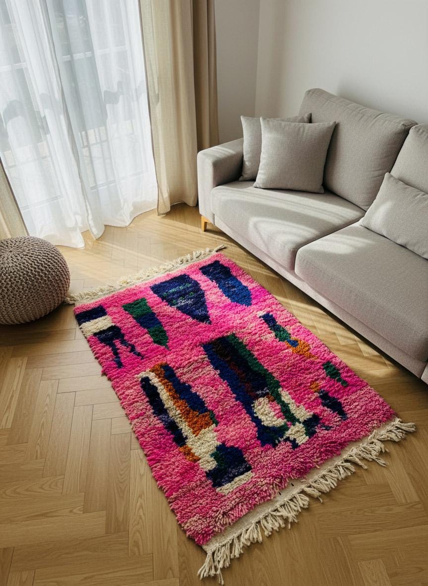 Pink Moroccan wool rug displayed upright