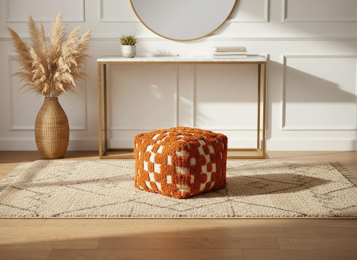 Textured orange wool pouf styled on beige Moroccan rug