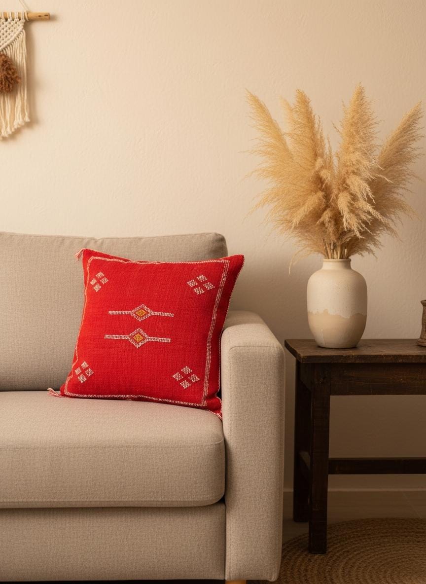 Bright red cactus silk throw pillow featuring traditional Berber embroidery in a cozy bohemian interior.