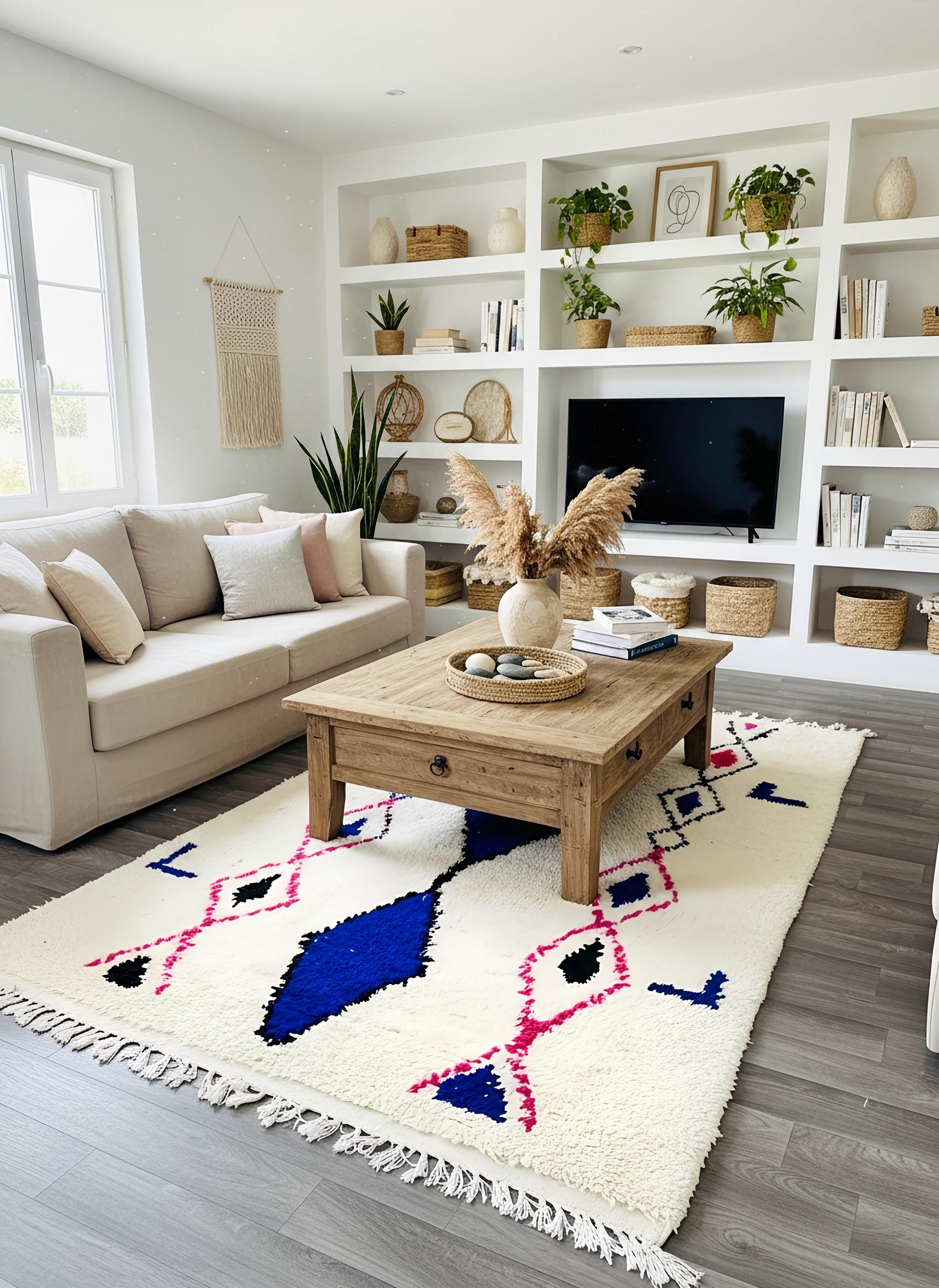 Ivory Moroccan rug with blue and pink geometric design styled in a bright living room with wooden coffee table and beige sofa.