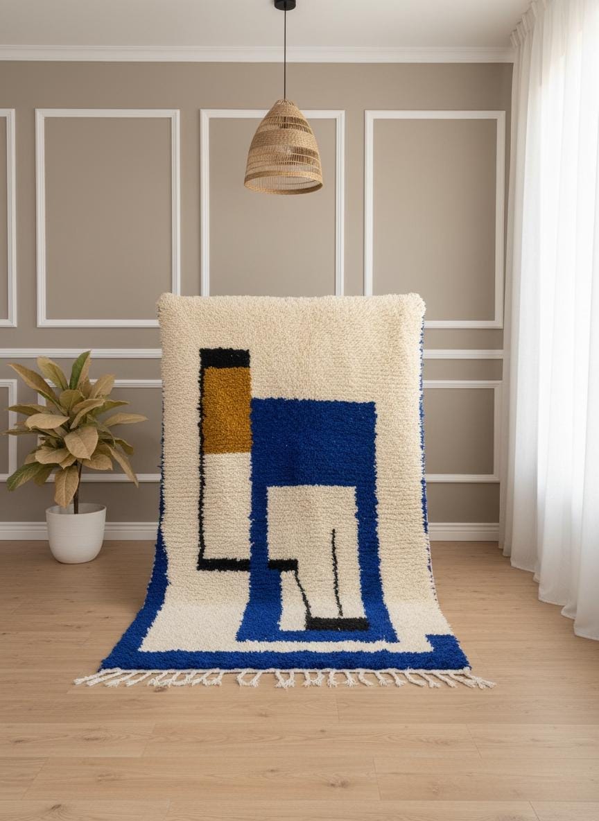 Detailed View of a Modern Berber Carpet with Thick Wool Pile and Blue Geometric Border