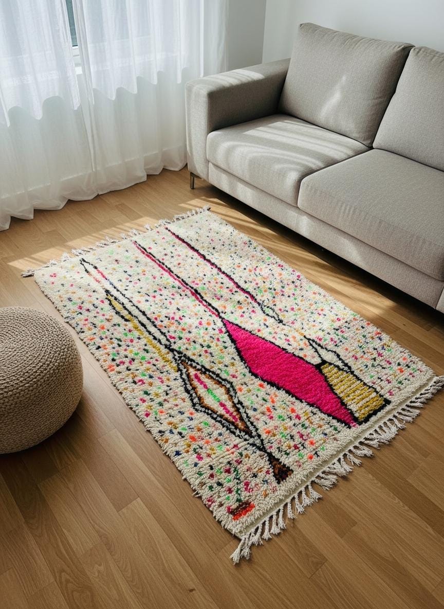 Ivory wool Berber rug with bold pink geometric motif