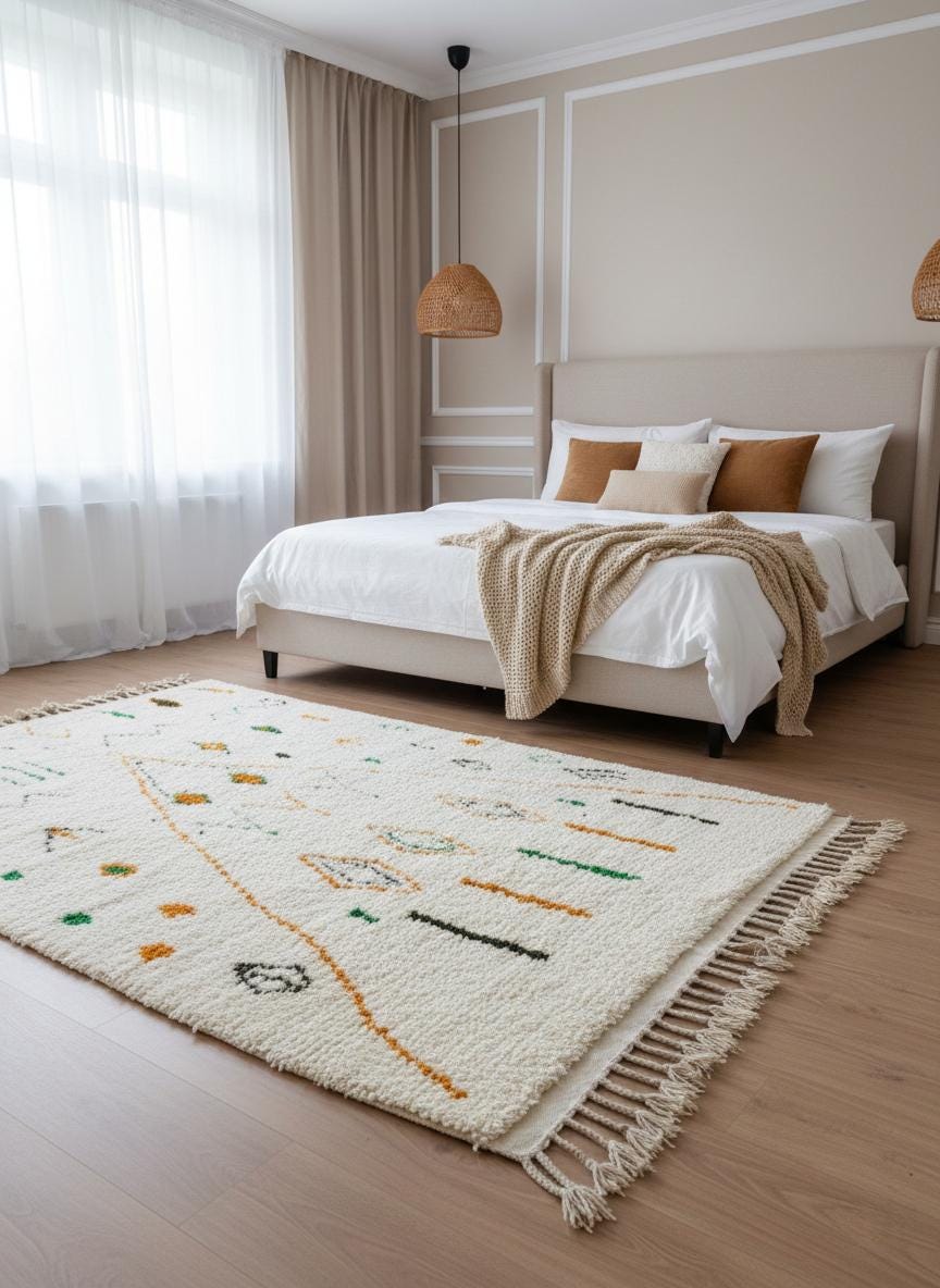 Cream Berber rug styled in neutral bedroom with fringe edge