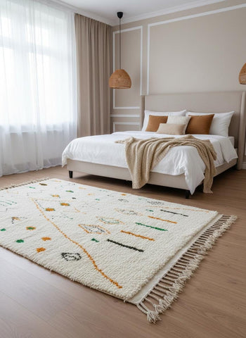 Cream Berber rug styled in neutral bedroom with fringe edge