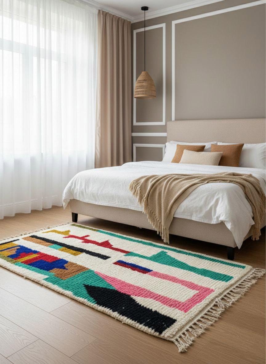 Handwoven Moroccan wool rug with bold color blocks