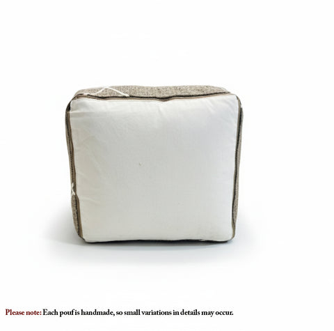 Handmade brown Berber wool pouf with white geometric lines, Moroccan floor cushion.