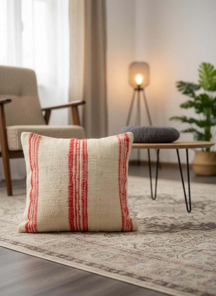 Artisan red stripe Moroccan accent pillow displayed on a rug in a warm contemporary living space.