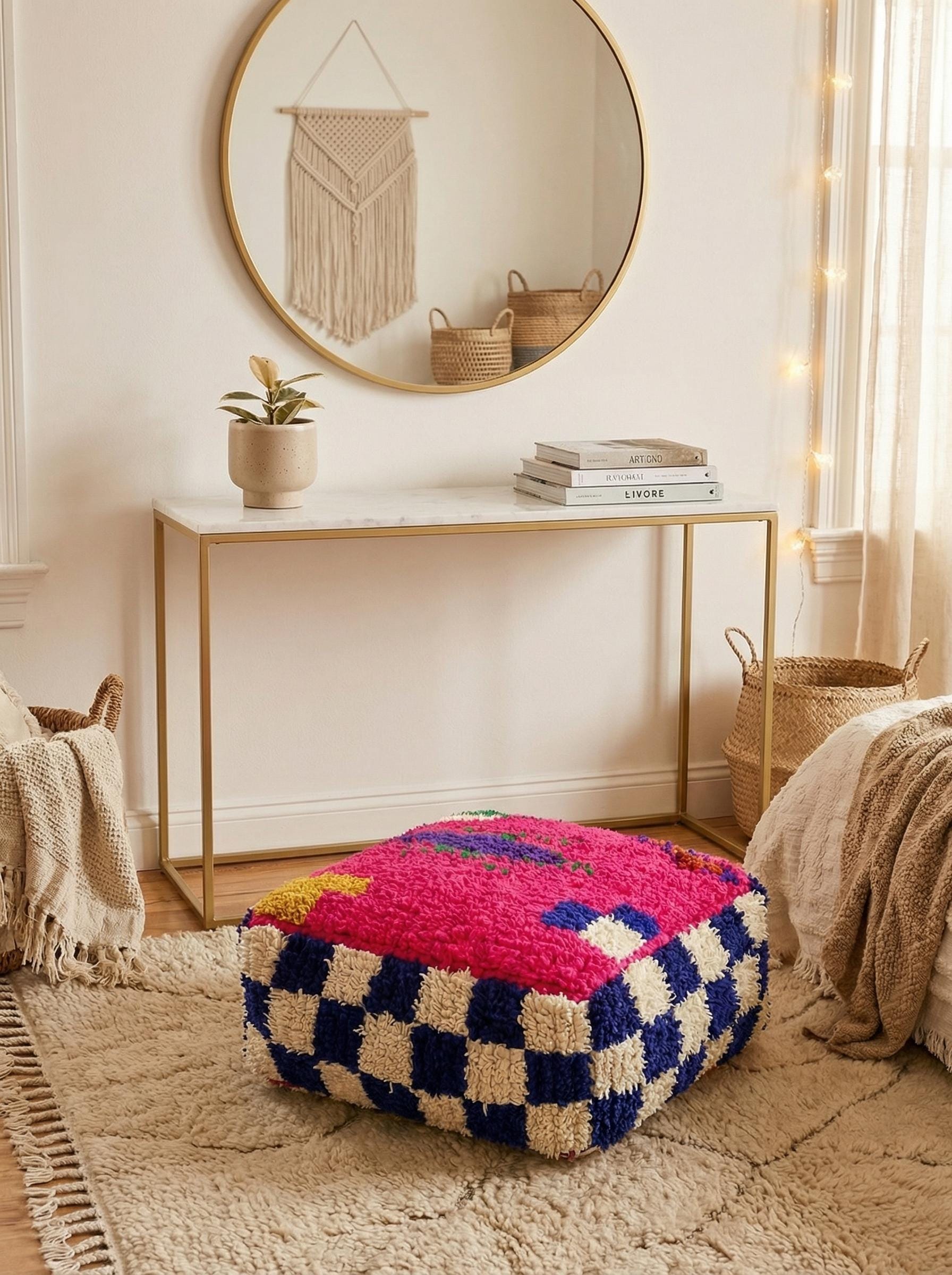 Pink wool Moroccan pouf in cozy boho interior