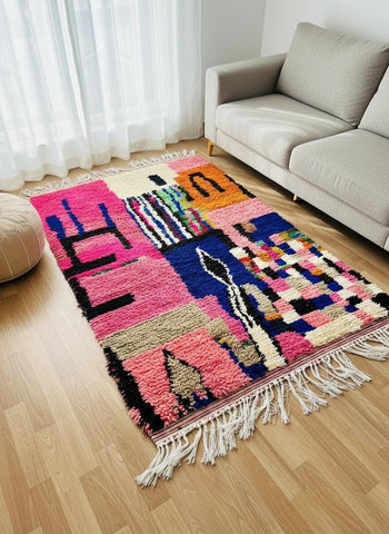 Colorful Moroccan rug with bold abstract pattern