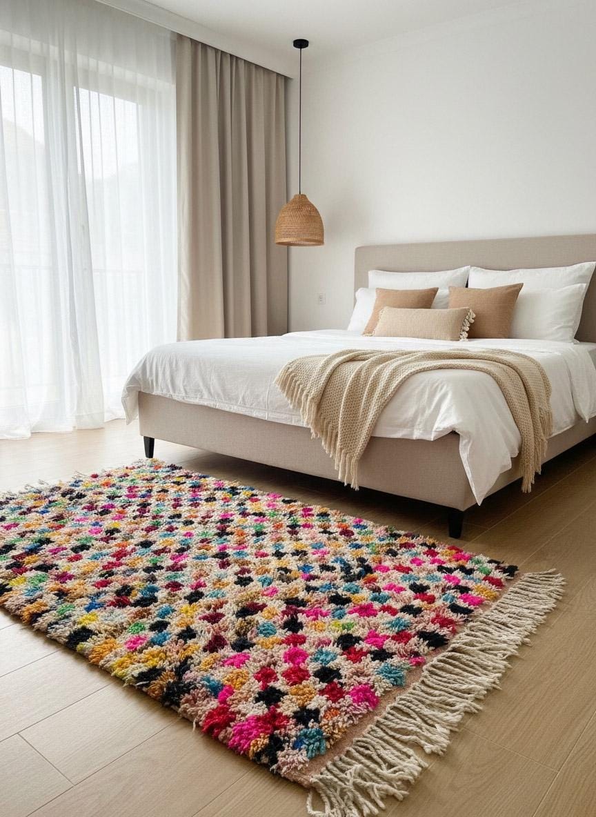 Handmade pink wool rug with multicolor texture in bedroom