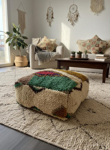 Handwoven Moroccan pouf ottoman styled in a boho living room with textured rug and natural décor.