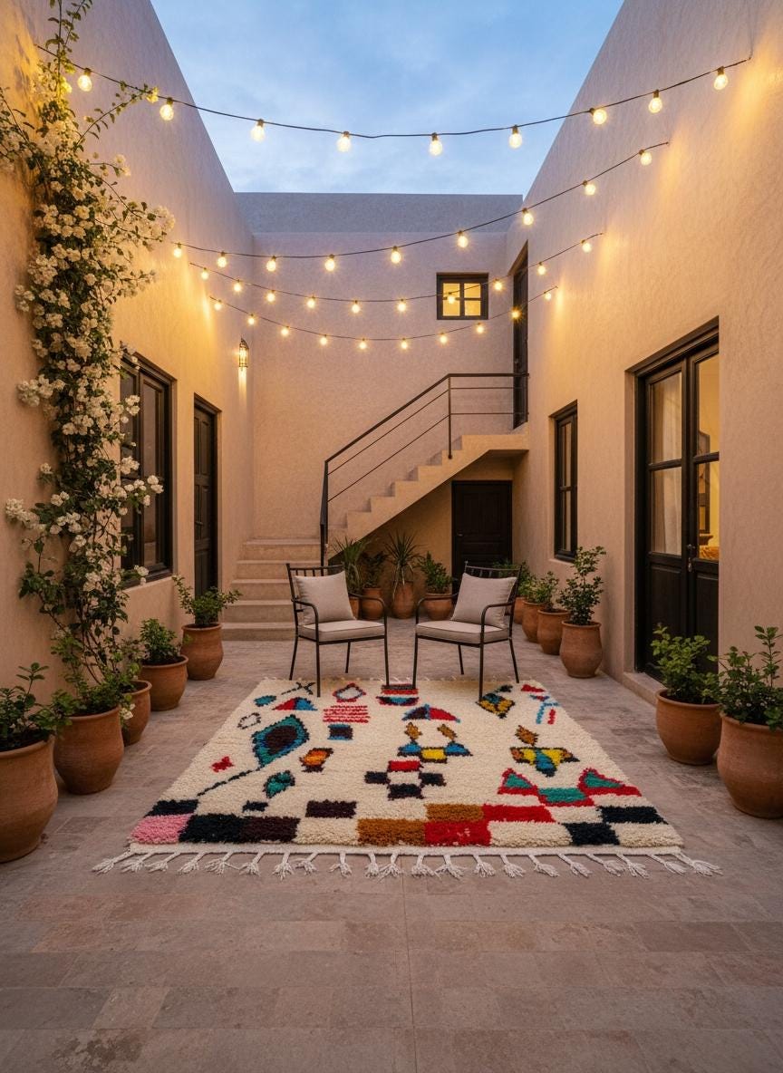 Cream Moroccan rug featuring multicolored geometric motifs and hand-knotted fringe.