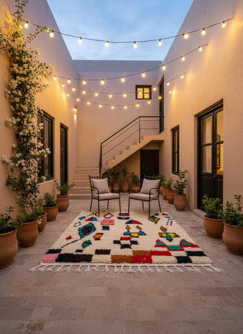 Cream Moroccan rug featuring multicolored geometric motifs and hand-knotted fringe.