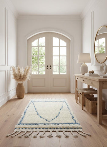 Handmade Moroccan wool rug with blue geometric lines in entryway