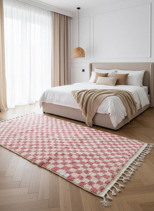 Modern pink checkered rug in bedroom interior