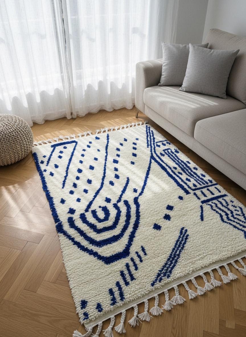 Blue geometric Berber rug with fringe detail