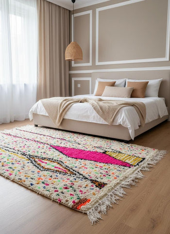 Colorful Moroccan wool rug styled in modern bedroom