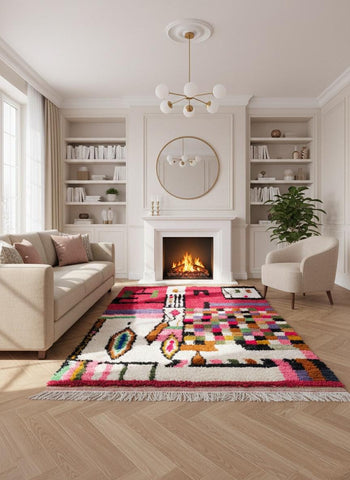 Handmade pink Moroccan area rug with colorful graphic design in living room