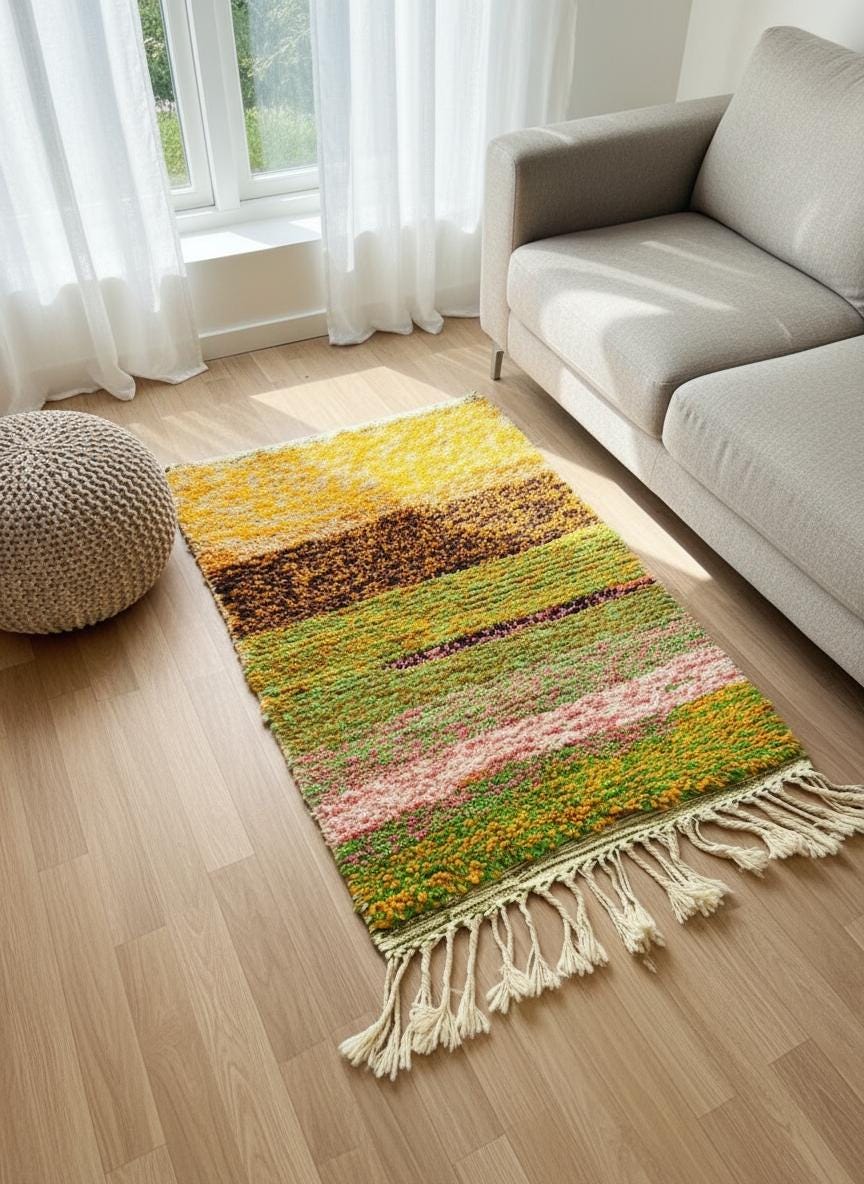 Small striped wool rug beside beige sofa.