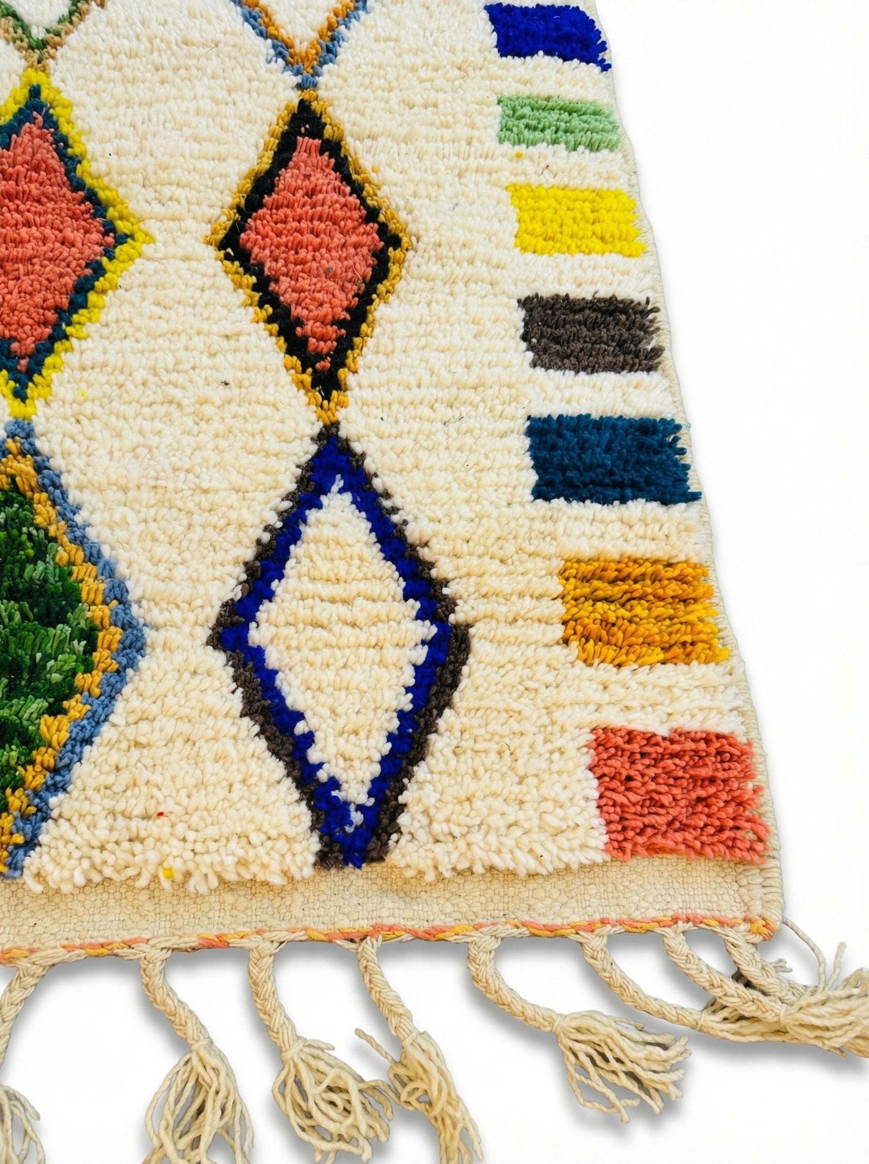 Close-up of wool Berber rug texture and diamond motifs