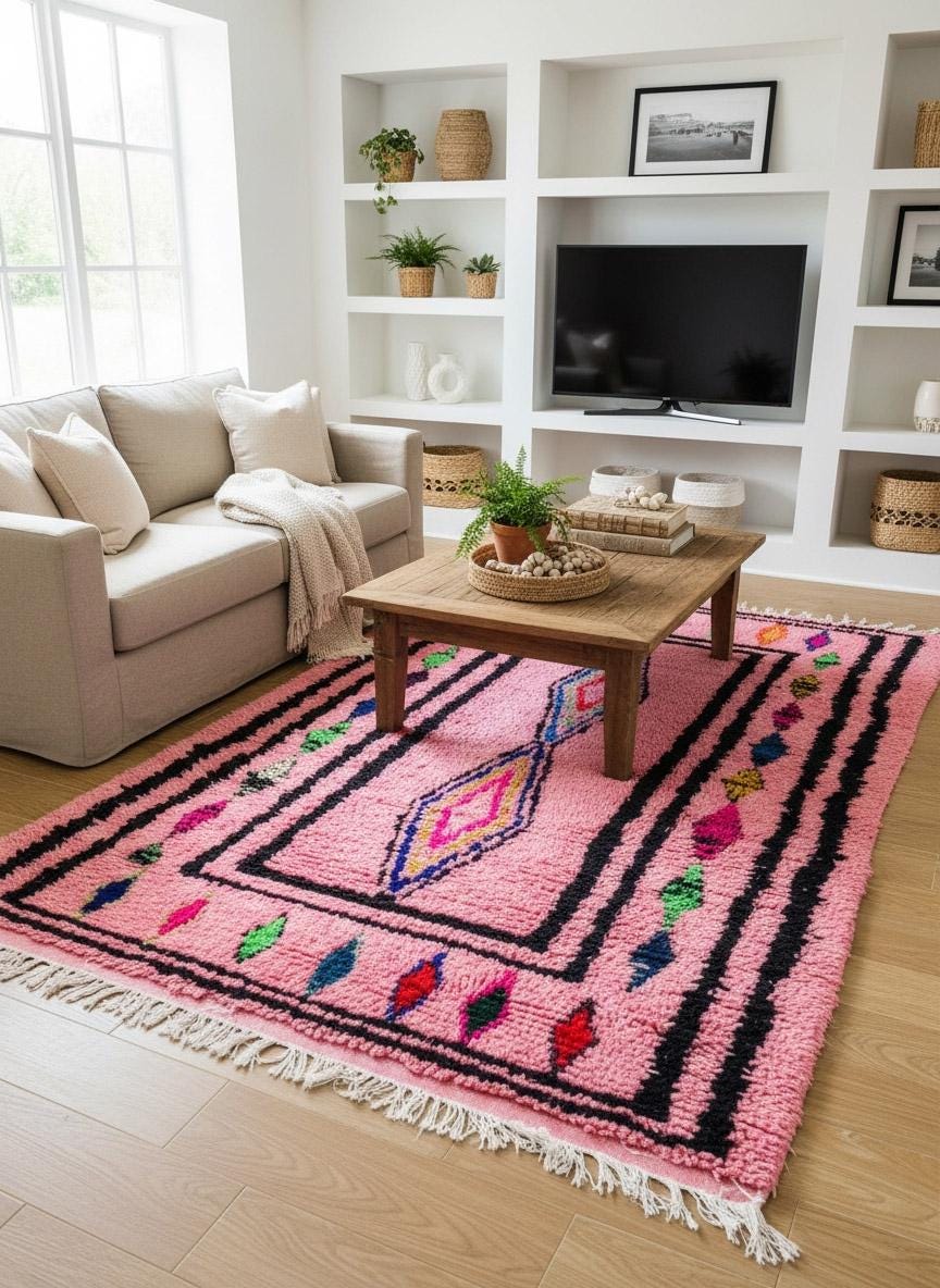 Pink geometric Moroccan rug with black border details