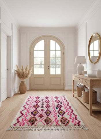 Colorful diamond Moroccan rug in bright entryway interior