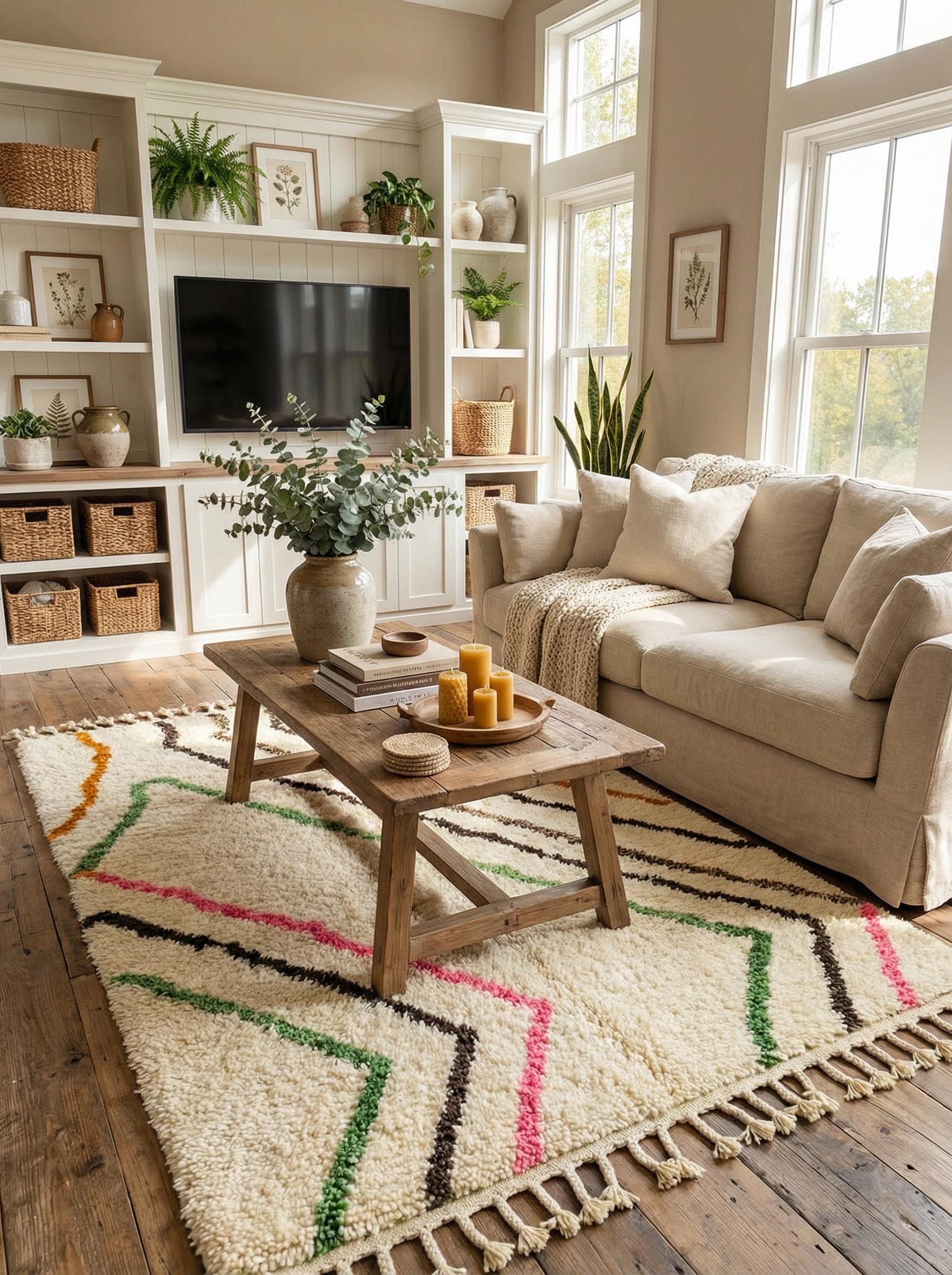 Handmade cream wool rug with multicolor lines in cozy living room