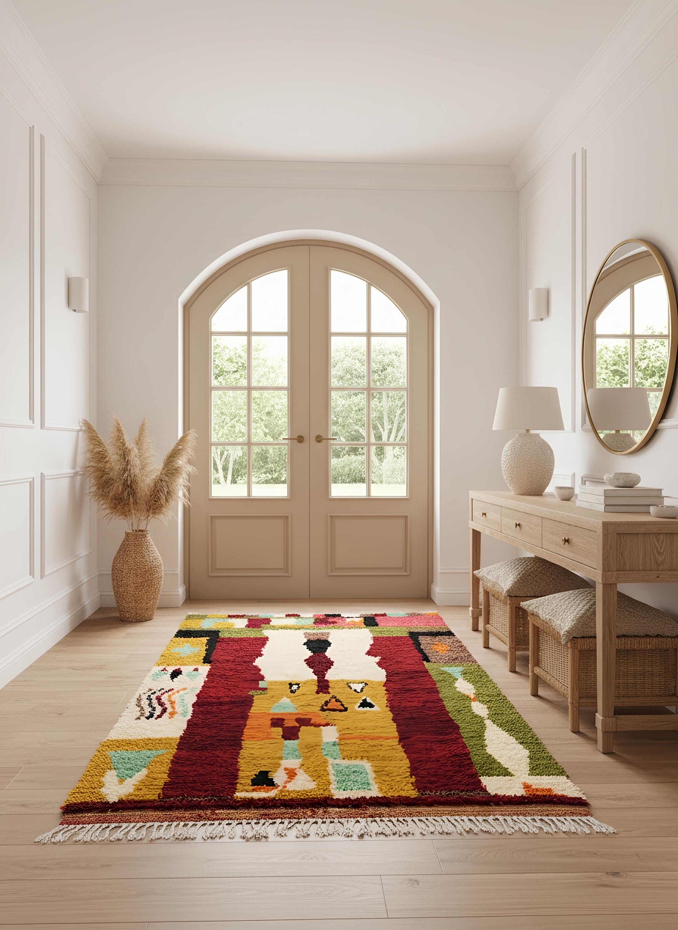 Vibrant Moroccan rug with geometric tribal design styled in a bright entryway with wooden console and natural decor.