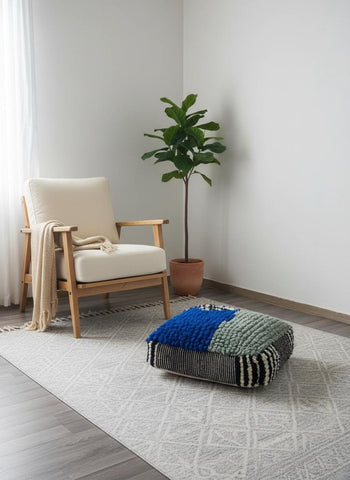 Moroccan Berber Pouf, Handmade Wool Floor Cushion, Blue Green