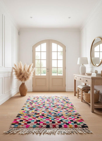 Colorful pink Moroccan rug in bright entryway