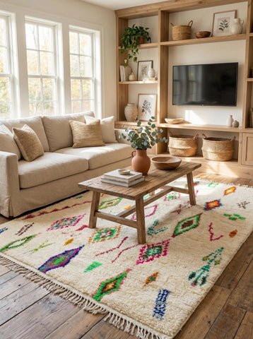 Moroccan shag rug with multicolor design under wooden coffee table