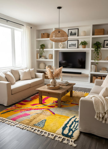 Colorful Moroccan rug in cozy neutral living room