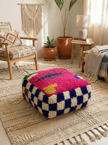 Handmade Moroccan pouf in modern living room setting