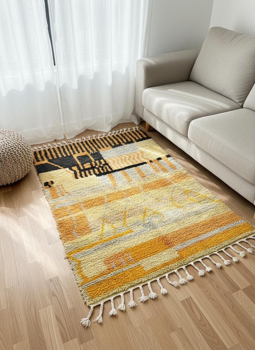 Berber wool area rug in yellow and black placed beside beige sofa.