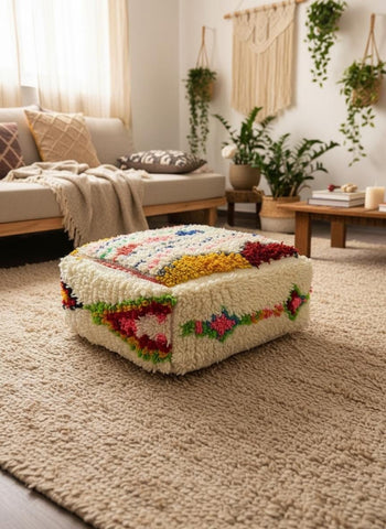 Textured Moroccan floor pouf in cozy boho living room setting.