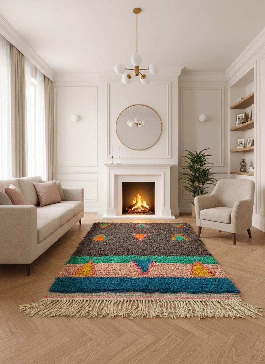Handmade Berber rug with geometric pattern in living room