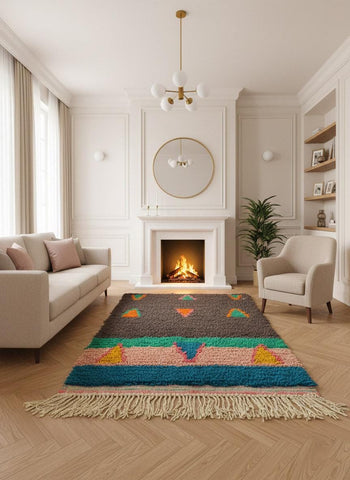 Handmade Berber rug with geometric pattern in living room