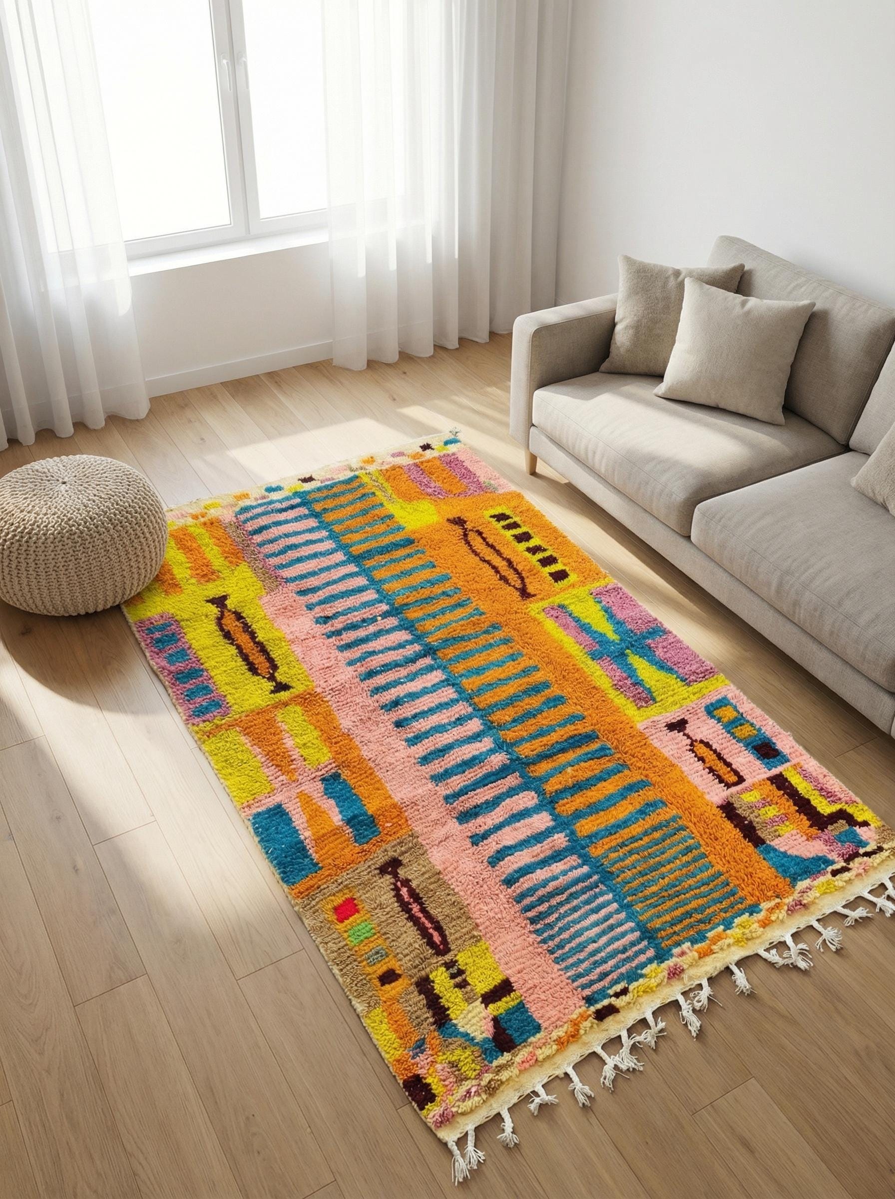 Multicolor Moroccan wool rug with thick soft texture