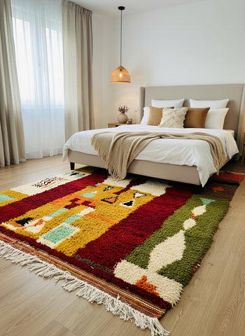 Handmade Moroccan wool rug with bold abstract pattern placed under a neutral bed in a warm minimalist bedroom.