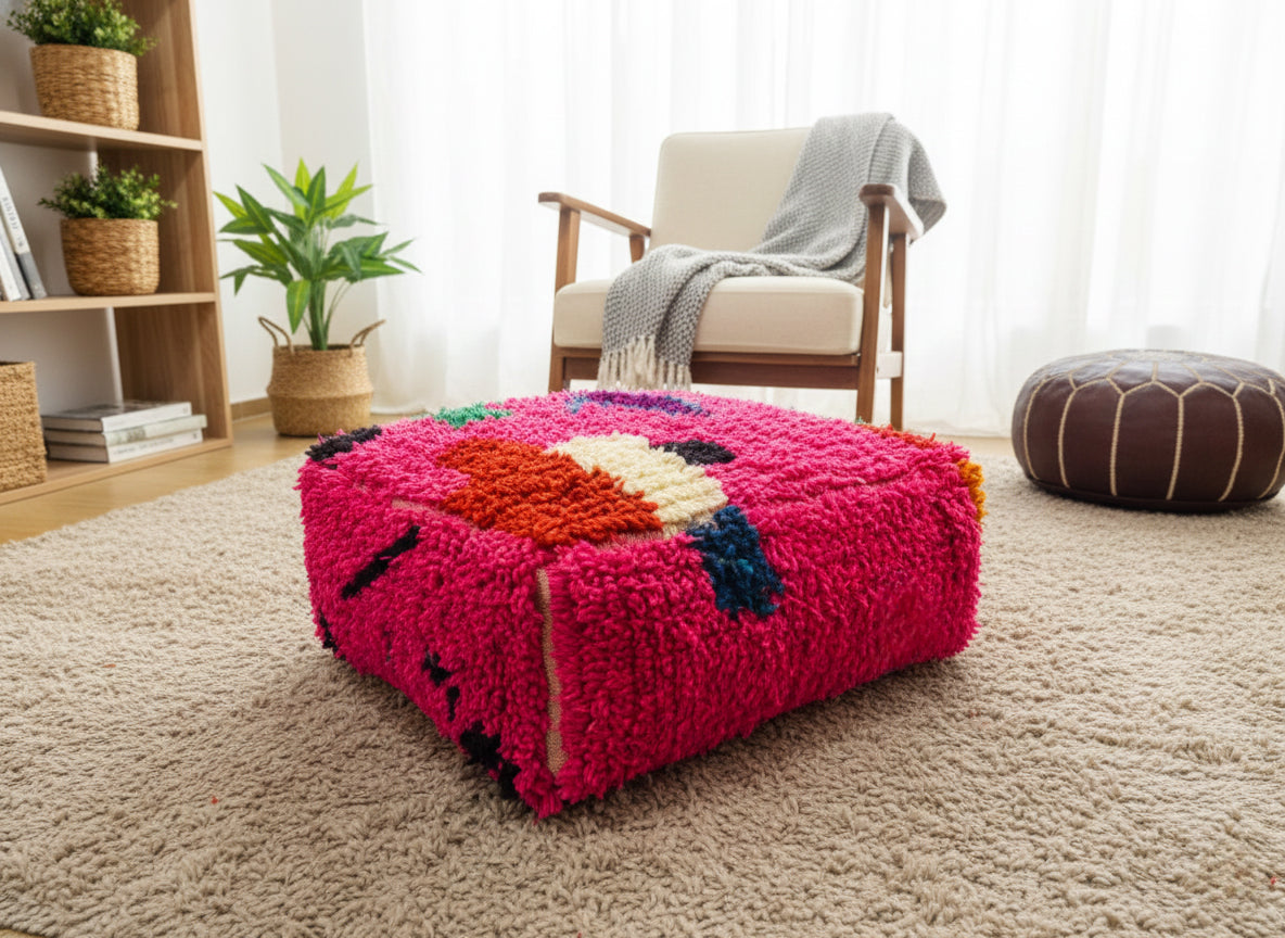 Handmade Mazin pouf on a neutral rug in a warm living room.