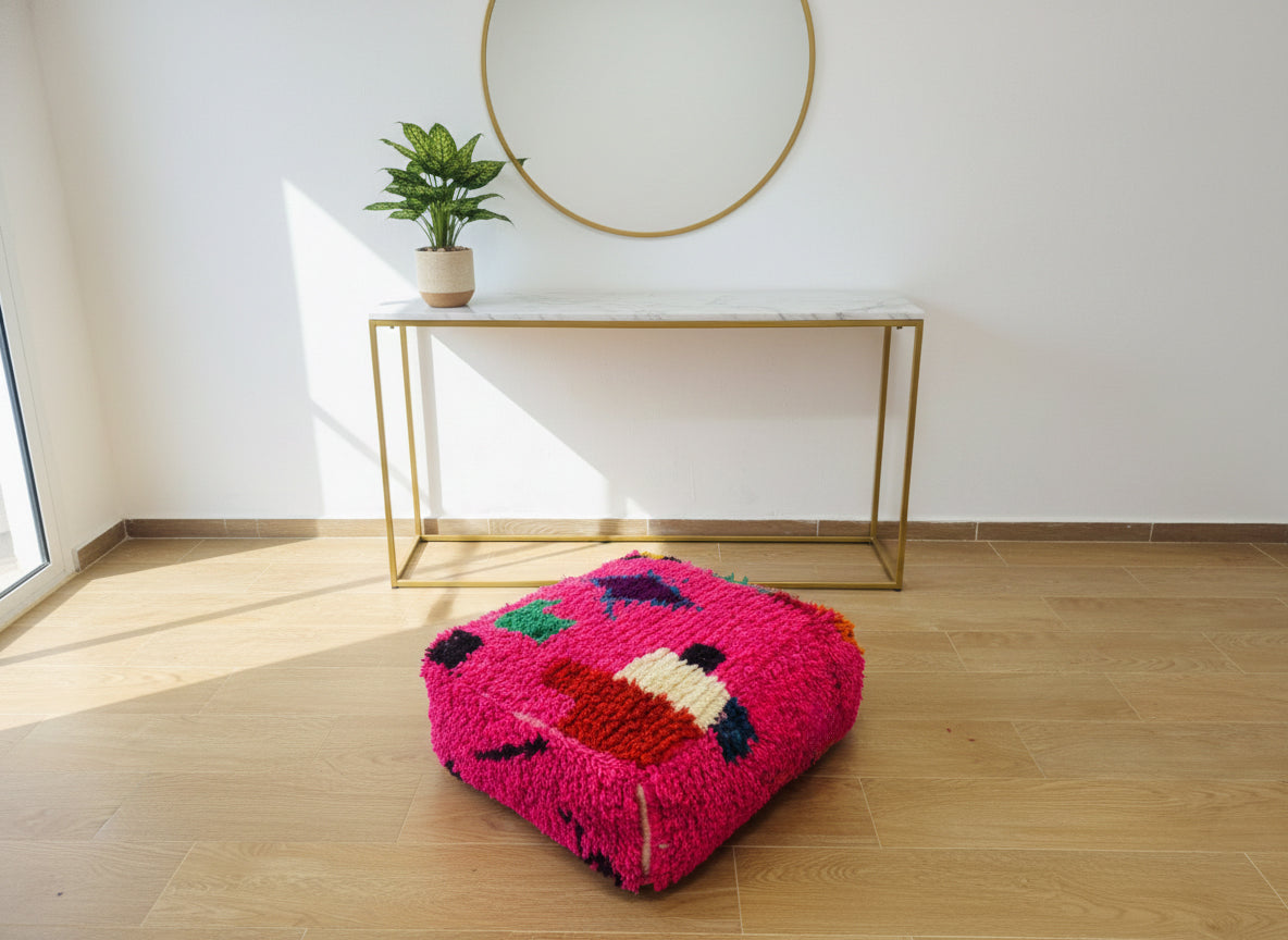 Fuchsia Berber pouf displayed in a minimalist hallway.