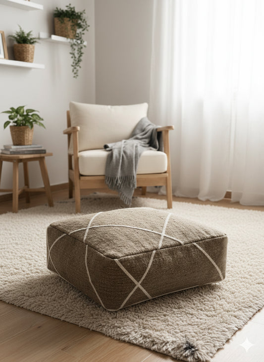 Brown Moroccan wool pouf styled in a cozy neutral living room.