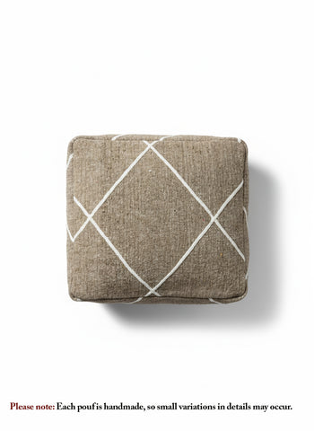Top view of brown Berber pouf featuring white geometric pattern.