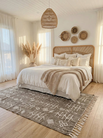 Gray Berber Idya rug under bed in cozy neutral bedroom décor