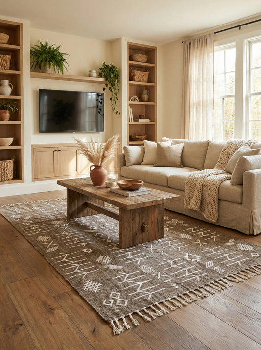 Large gray tribal Berber Idya rug styled in warm living room with wooden table
